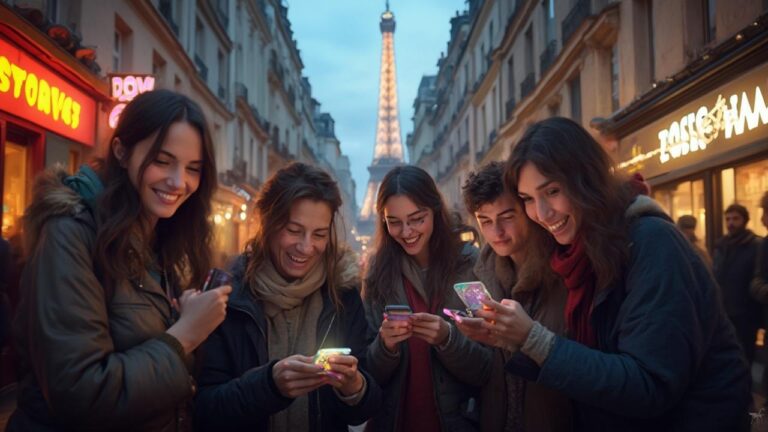 Groupe d'amis joyeux utilisant leurs téléphones dans les rues de Paris