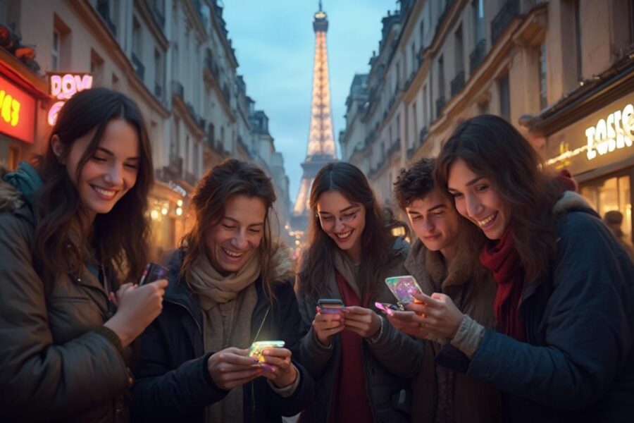 Groupe d'amis joyeux utilisant leurs téléphones dans les rues de Paris