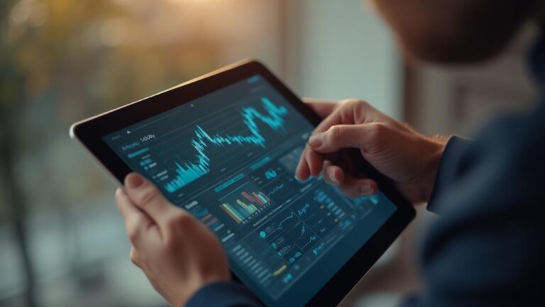 Un homme utilise une tablette pour analyser des graphiques et des chiffres financiers.