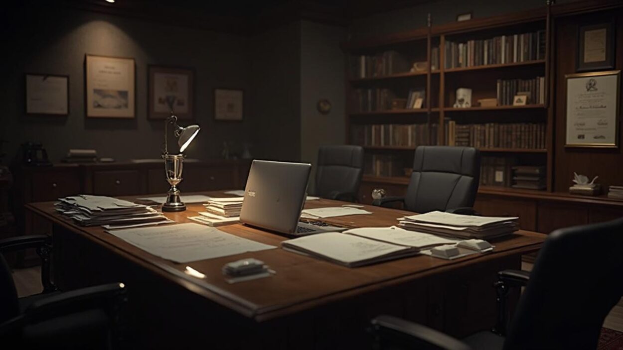 Bureau de travail en bois sombre avec ordinateur portable, lampe, dossiers et bibliothèque.