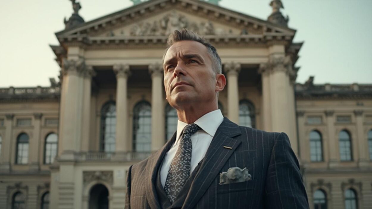 Homme élégant debout devant un bâtiment architectural impressionnant.