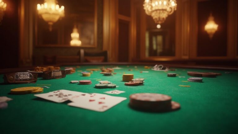 Table de jeu couverte de jetons et de cartes dans une salle élégante.