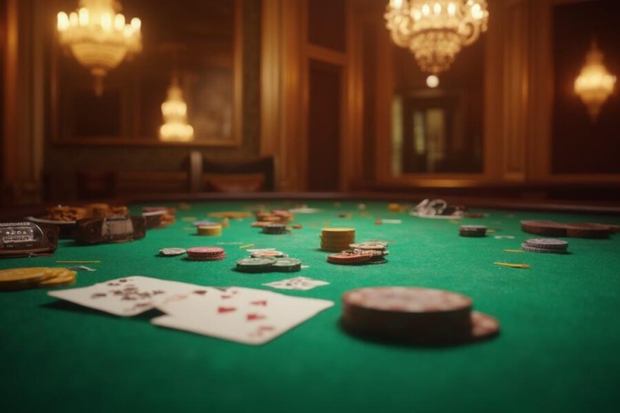 Table de jeu couverte de jetons et de cartes dans une salle élégante.