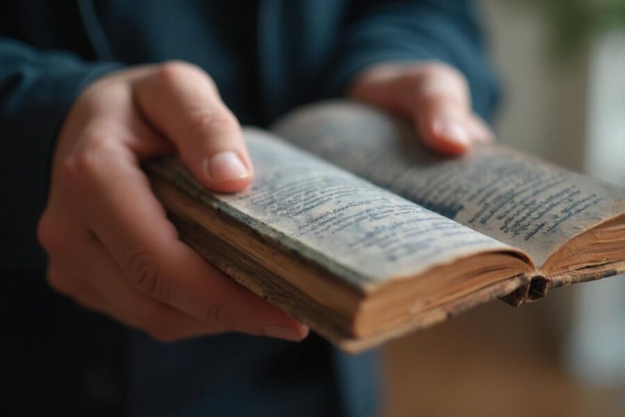 Gros plan sur des mains tenant un vieux livre ouvert avec des pages manuscrites.