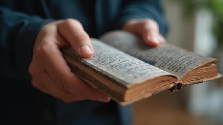 Gros plan sur des mains tenant un vieux livre ouvert avec des pages manuscrites.