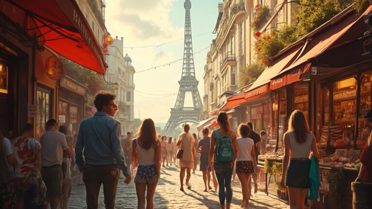 Scène de rue animée à Paris avec la Tour Eiffel en arrière-plan