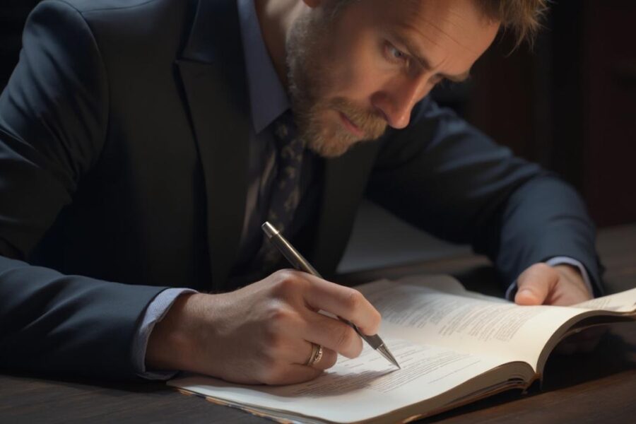 Un homme d'affaires concentré rédigeant un contrat dans un bureau sombre