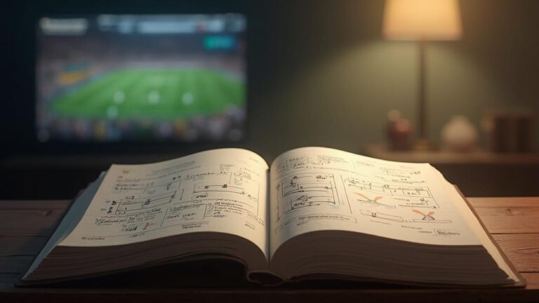 Livre ouvert montrant des notes et un écran de télévision diffusant un match